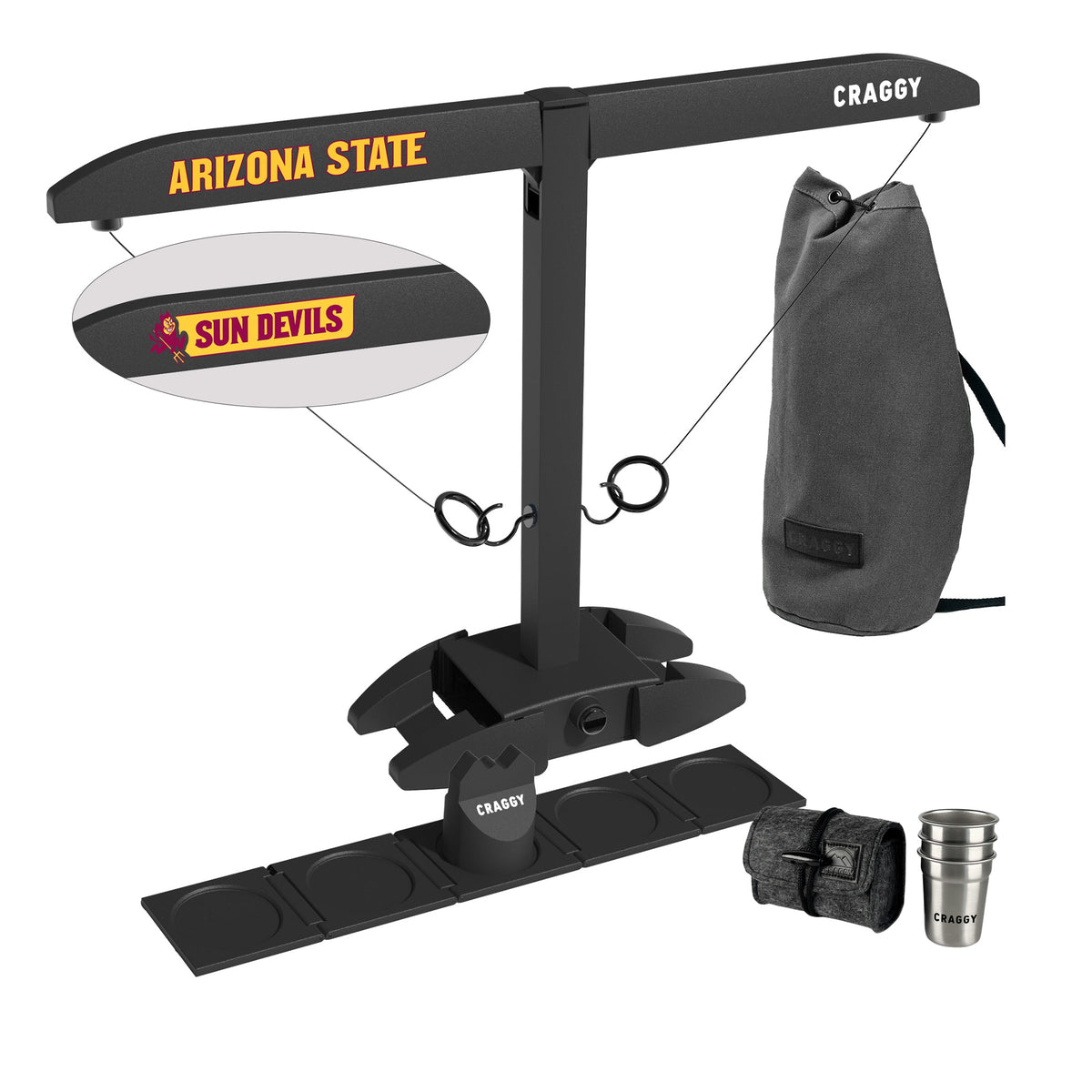 ASU Sun Devils licensed HOOKS! XPLR Party Bundle with carrying bag, Shot Ladder, Scorekeeper and three stainless steel cups with felt travel case