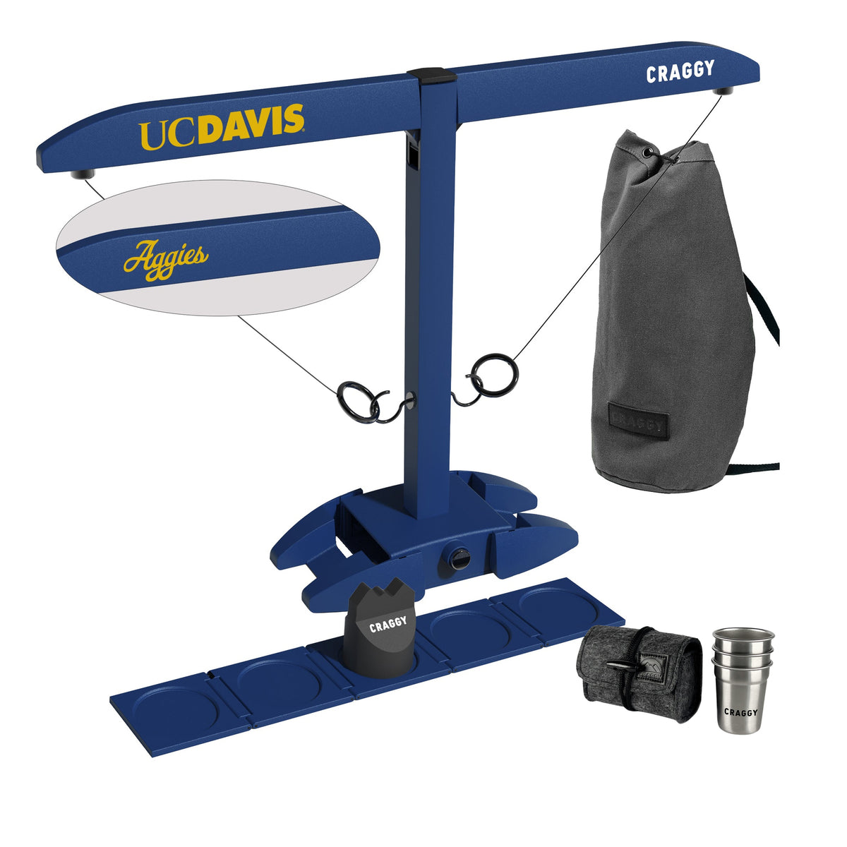UC Davis Aggies licensed HOOKS! XPLR Party Bundle with carrying bag, Shot Ladder, Scorekeeper and three stainless steel cups with felt travel case