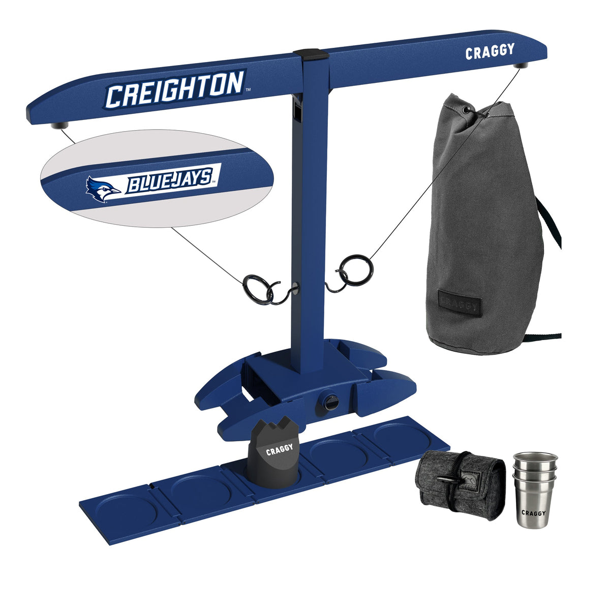 Creighton Bluejays licensed HOOKS! XPLR Party Bundle with carrying bag, Shot Ladder, Scorekeeper and three stainless steel cups with felt travel case