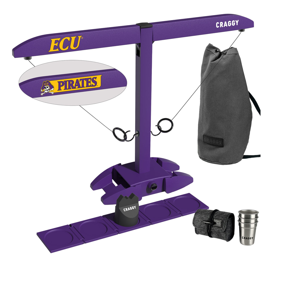 ECU Pirates licensed HOOKS! XPLR Party Bundle with carrying bag, Shot Ladder, Scorekeeper and three stainless steel cups with felt travel case
