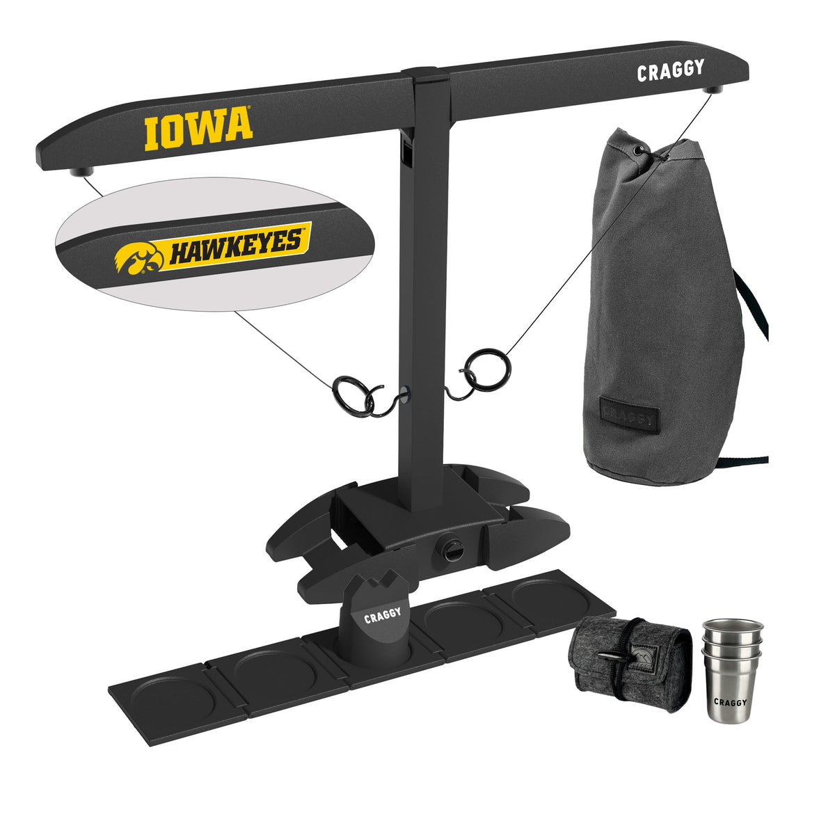 Iowa Hawkeyes licensed HOOKS! XPLR Party Bundle with carrying bag, Shot Ladder, Scorekeeper and three stainless steel cups with felt travel case