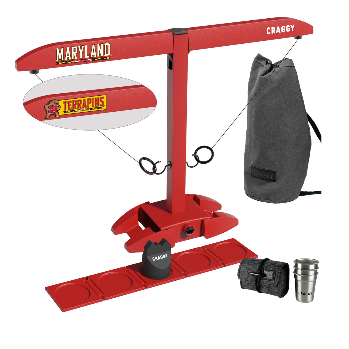 Maryland Terrapins licensed HOOKS! XPLR Party Bundle with carrying bag, Shot Ladder, Scorekeeper and three stainless steel cups with felt travel case