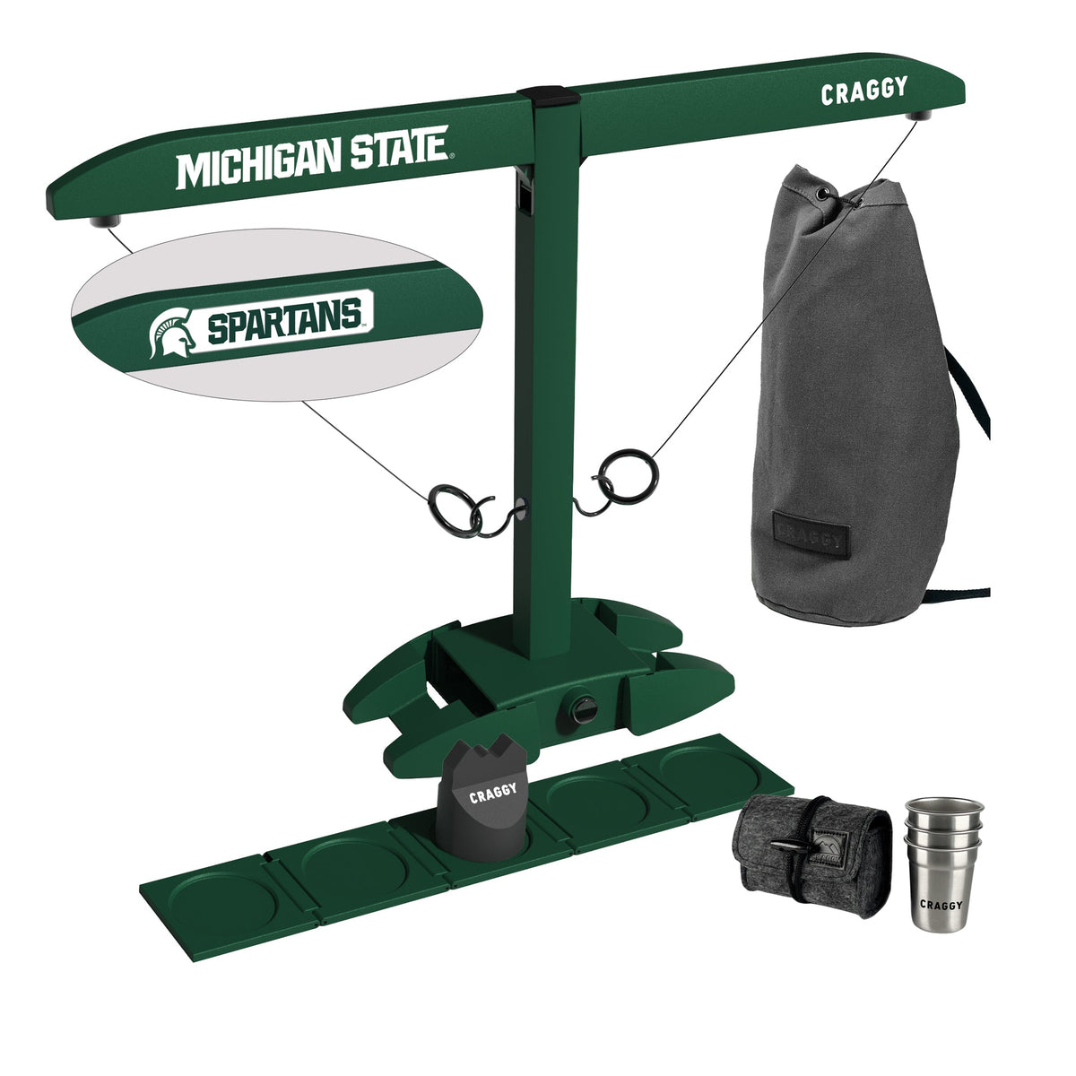 MSU Spartans licensed HOOKS! XPLR Party Bundle with carrying bag, Shot Ladder, Scorekeeper and three stainless steel cups with felt travel case