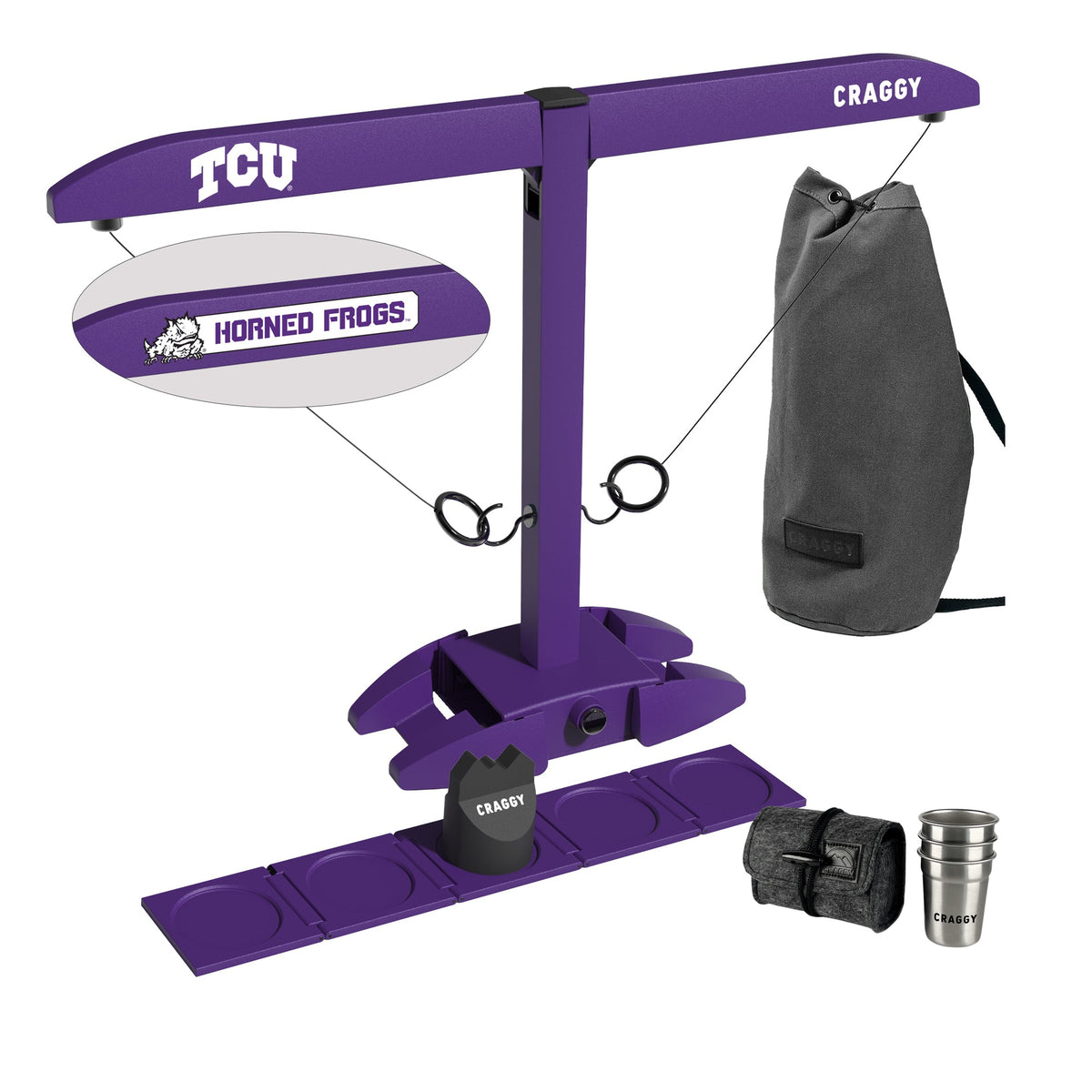 TCU Horned Frogs licensed HOOKS! XPLR Party Bundle with carrying bag, Shot Ladder, Scorekeeper and three stainless steel cups with felt travel case