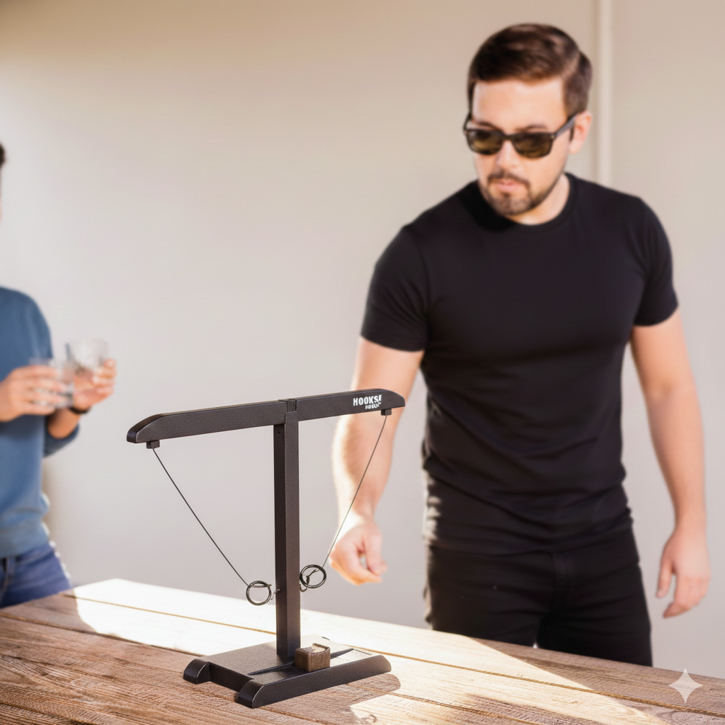 Man wearing sunglasses interacting with a black stand on a wooden table.